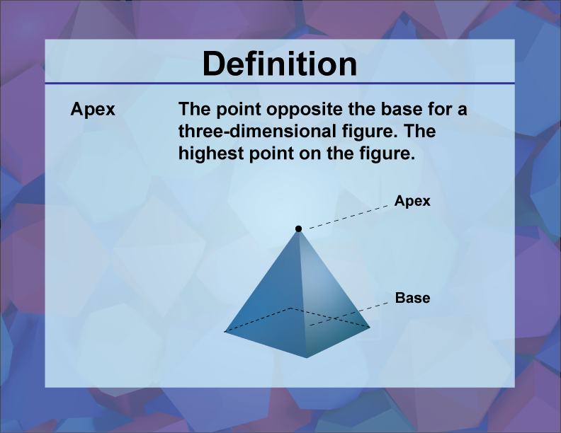 Apex. The point opposite the base for a three-dimensional figure. The highest point on the figure.
