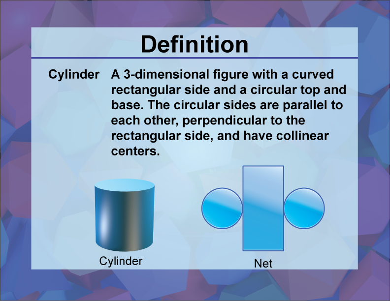 Cylinder. A 3-dimensional figure with a curved rectangular side and a circular top and base. The circular sides are parallel to each other, perpendicular to the rectangular side, and have collinear centers.