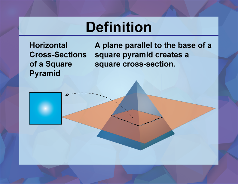 Horizontal Cross-Sections of a Square Pyramid. A plane parallel to the base of a square pyramid creates a square cross-section