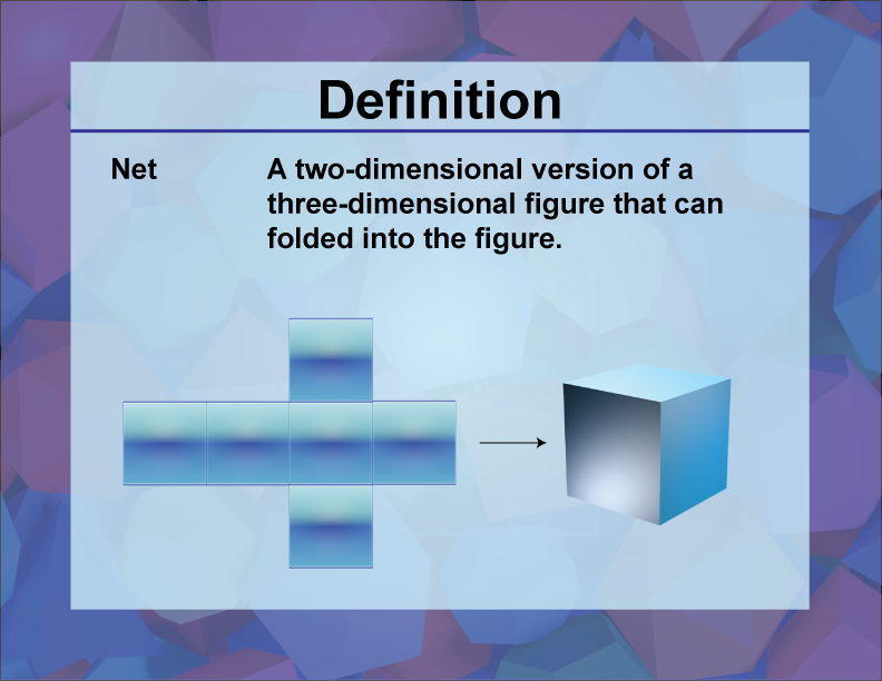 Net. A two-dimensional version of a three-dimensional figure that can folded into the figure