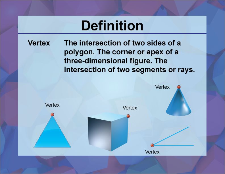 Vertex. The intersection of two sides of a polygon. The corner or apex of a three-dimensional figure. The intersection of two segments or rays.