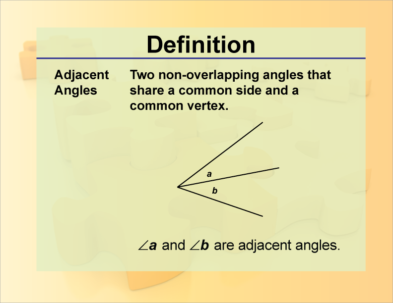 Adjacent Angles. Two non-overlapping angles that share a common side and a common vertex.