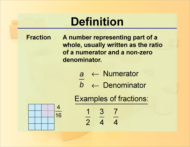 Fraction. A number representing part of a whole, usually written as the ratio of a numerator and a non-zero denominator.