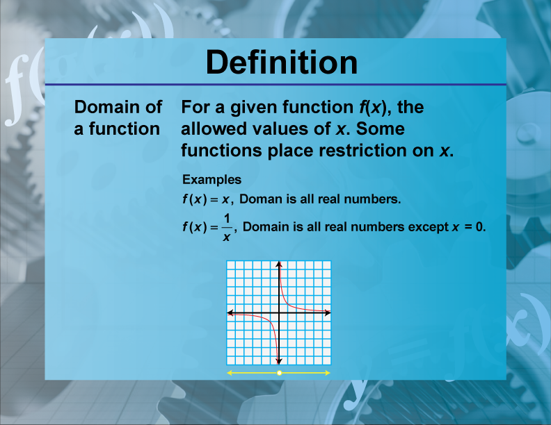 Domain of a function. For a given function f(x), the allowed values of x. Some functions place restriction on x.