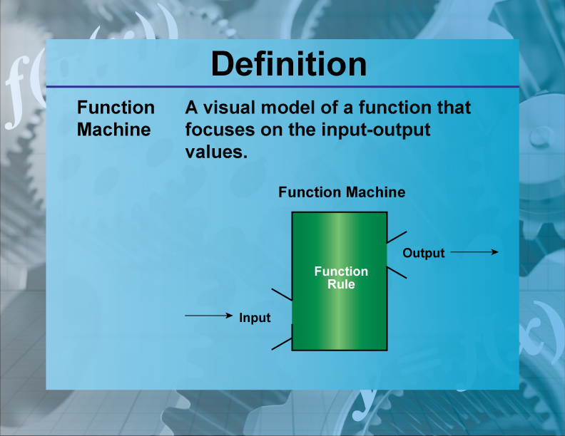 Function Machine. A visual model of a function that focuses on the input-output values.