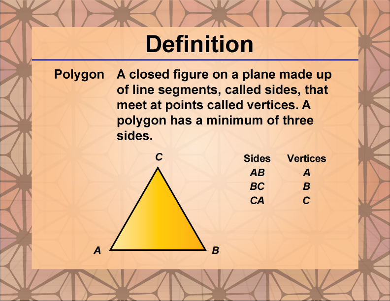 Polygon. A closed figure on a plane made up of line segments, called sides, that meet at points called vertices. A polygon has a minimum of three sides.