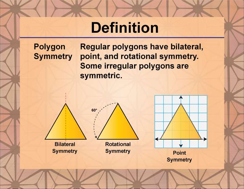 Polygon Symmetry. Regular polygons have bilateral, point, and rotational symmetry. Some irregular polygons are symmetric.