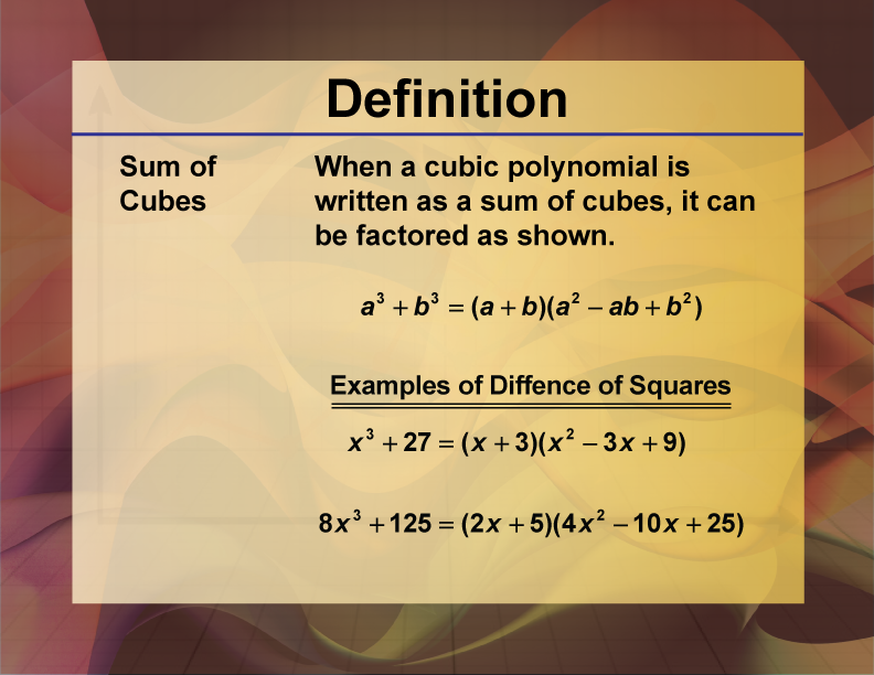 Video Definition 20--Polynomial Concepts--Sum of Cubes (Spanish Audio)