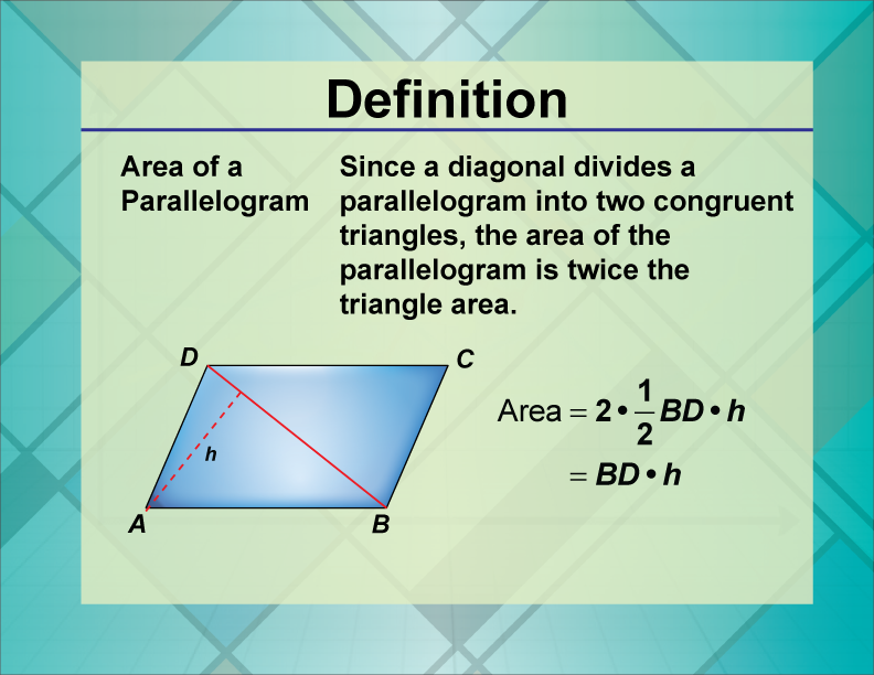 Area of a Parallelogram Since a diagonal divides a parallelogram into two congruent triangles, the area of the parallelogram is twice the triangle area.