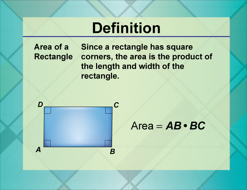 Area of a Rectangle. Since a rectangle has square corners, the area is the product of the length and width of the rectangle.
