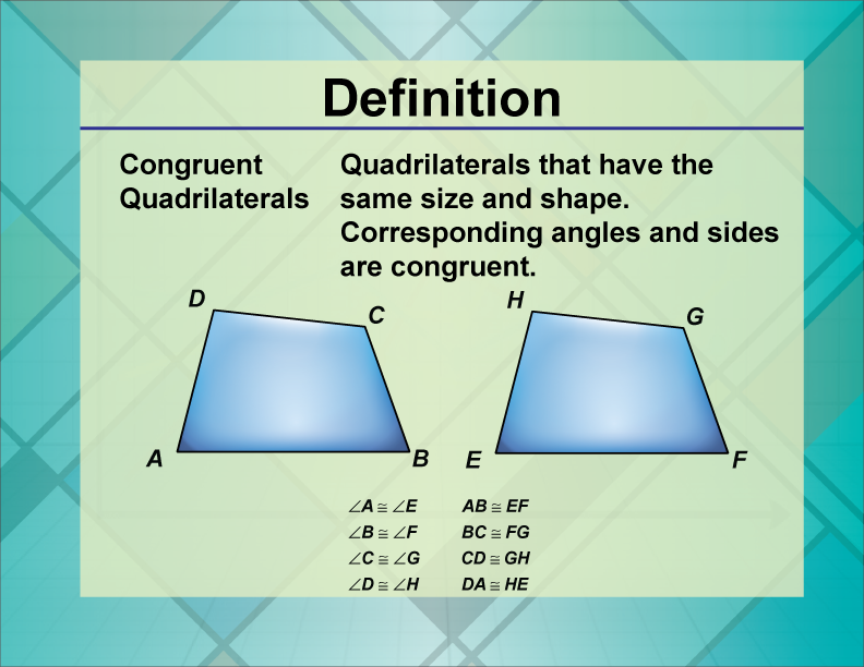 Congruent Quadrilaterals. Quadrilaterals that have the same size and shape. Corresponding angles and sides are congruent.