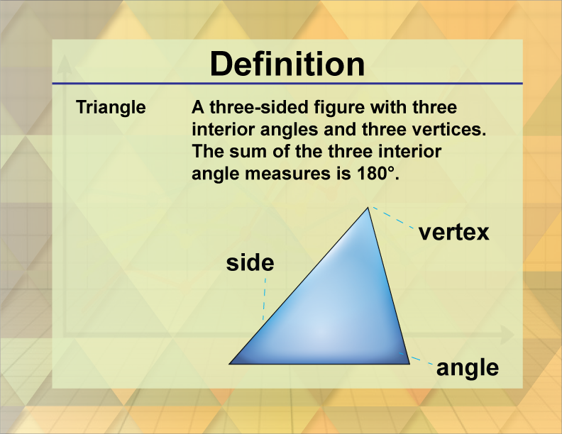 Triangle. A three-sided figure with three interior angles and three vertices. The sum of the three interior angle measures is 180°.