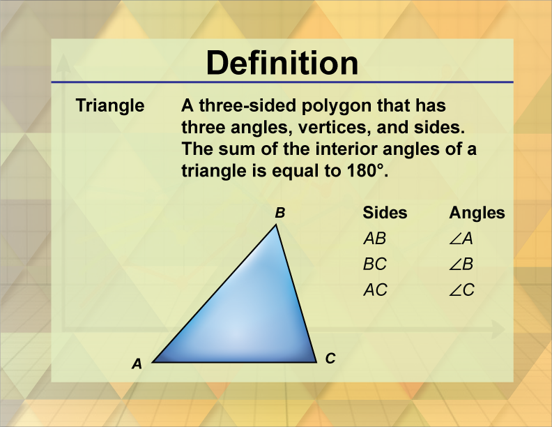 Triangle. A three-sided polygon that has three angles, vertices, and sides. The sum of the interior angles of a triangle is equal to 180°.