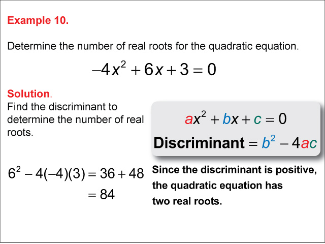 Calculating the Discriminant: Example 10. In this example c and b are positive and a is negative, discriminant is positive. Point out to students that in this configuration the discriminant can only be positive.