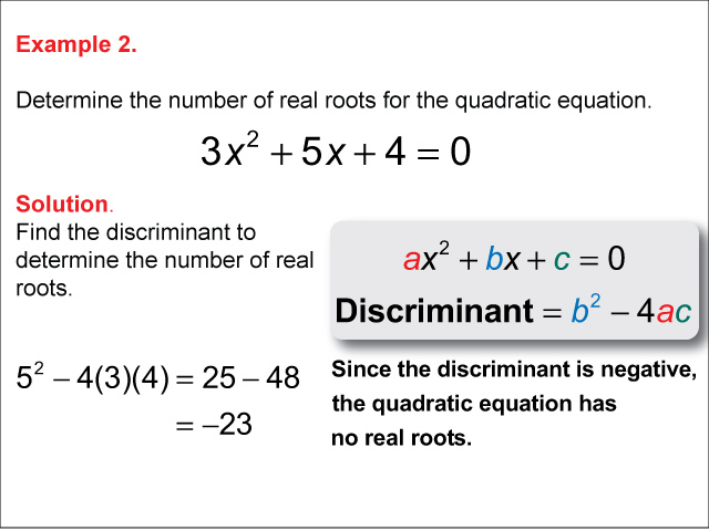 Calculating the Discriminant: Example 2. In this example a, b, and c are positive, discriminant is negative.