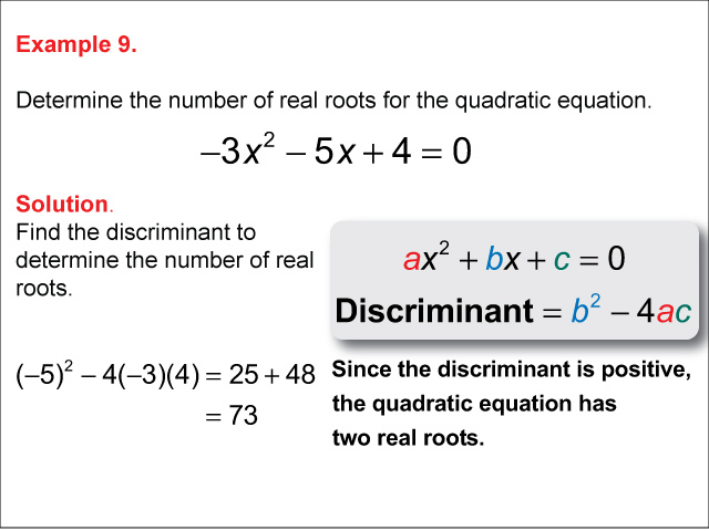 Calculating the Discriminant: Example 9. In this example c is positive and b and a are negative, discriminant is positive. Point out to students that in this configuration the discriminant can only be positive.