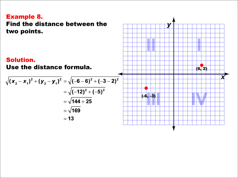 Example 8: Calculate the distance between two points under the following conditions: A point in Q1 and a point in Q3, whole number distance.