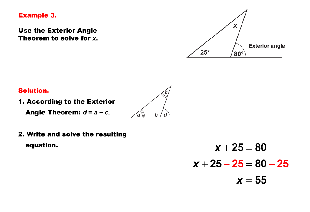 This math example shows how to solve equations using the Exterior Angle Theorem, as well as properties of supplementary angles and the interior angles of a polygon.