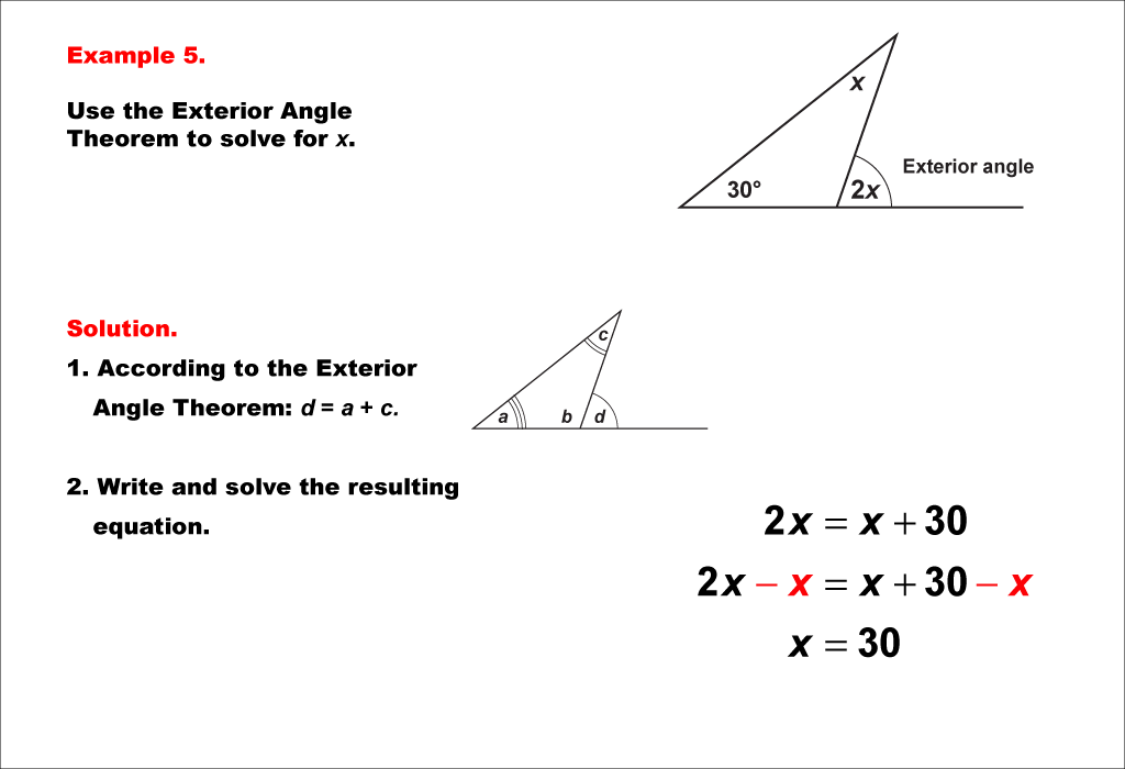 Math Example--Solving Equations--Equations Using the Exterior Angle Theorem--Example 5
