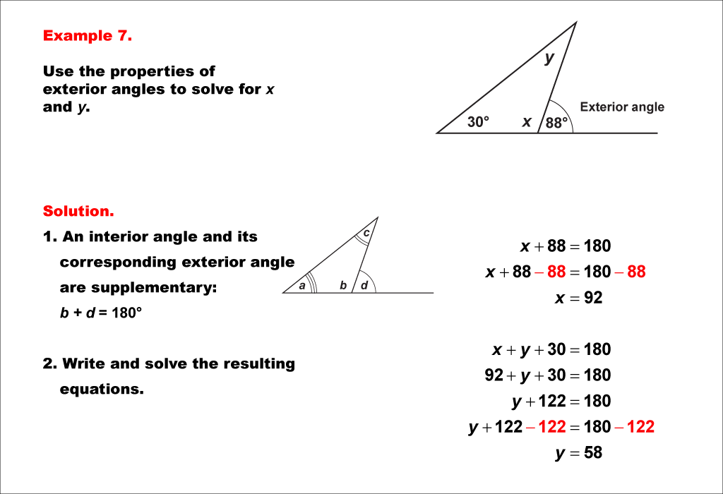 This math example shows how to solve equations using the Exterior Angle Theorem, as well as properties of supplementary angles and the interior angles of a polygon.