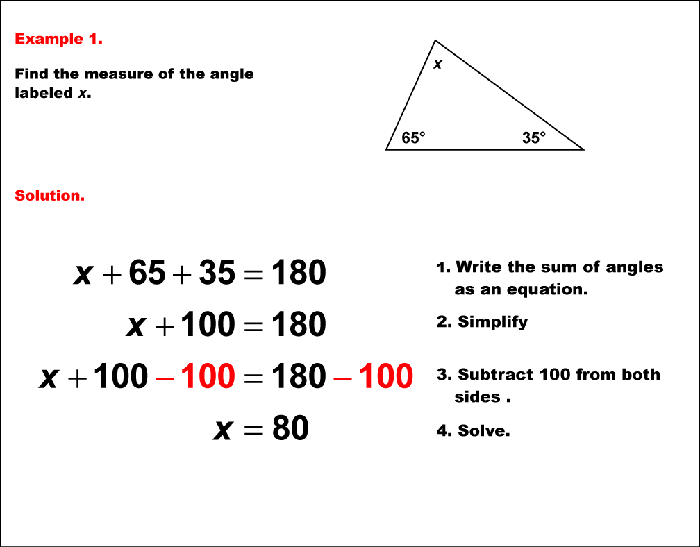 Math Example--Solving Equations--Solving Equations with Angle Measures--Example 1