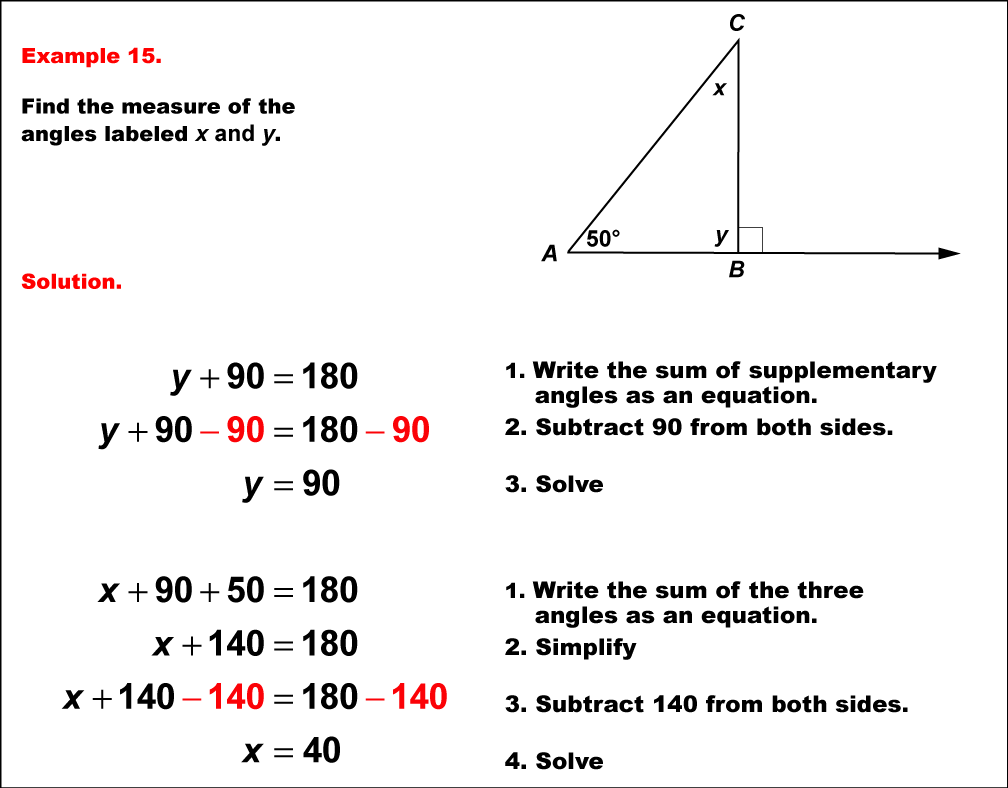 In this example, a right triangle has measures for an exterior angle and an alternate interior, while the other alternate interior angle is unknown. The unknown angles are found by solving two equations.