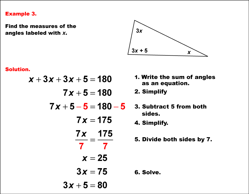 In this example, an acute triangle has all three angles using the variable x. The angles are found by solving an equation.