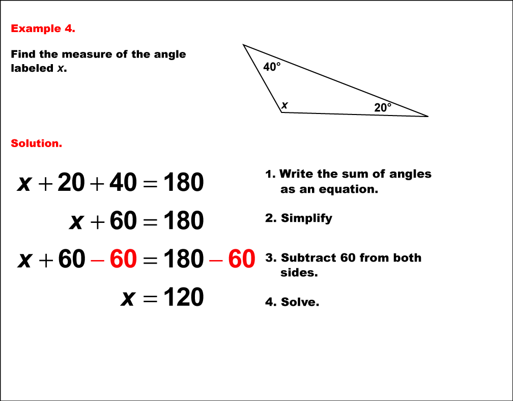 Math Example--Solving Equations--Solving Equations with Angle Measures--Example 4
