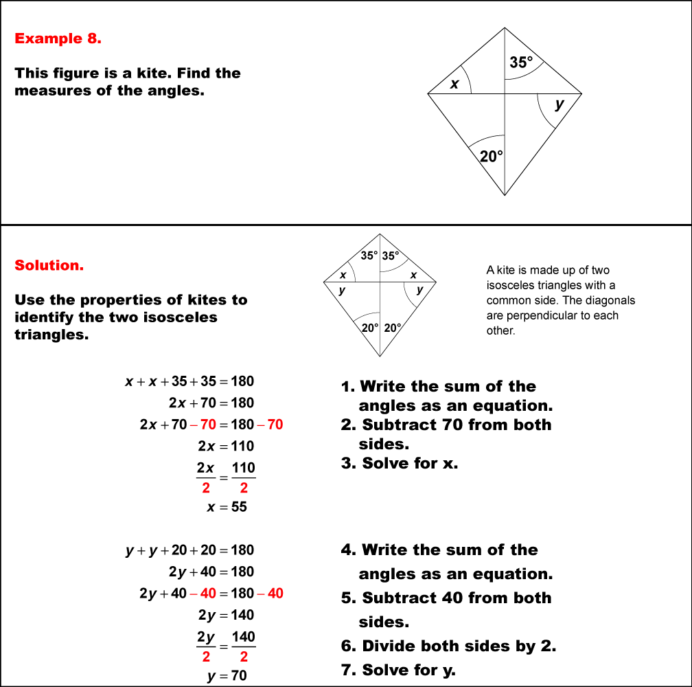 In this example, a kite has two angles labeled with variables. The properties of kites are used to solve for the unknown angles.