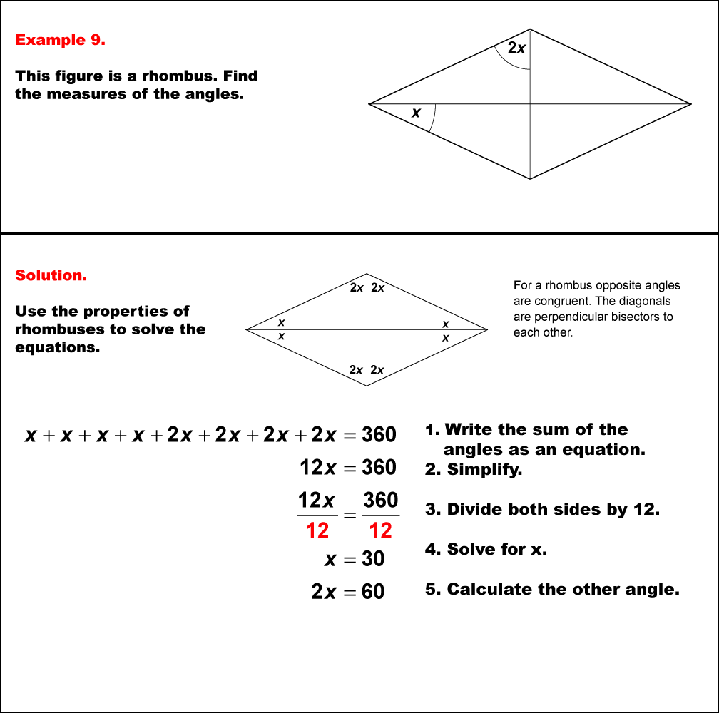 In this example, a rhombus has two angles labeled with variables. The properties of rhombuses are used to solve for the unknown angles.