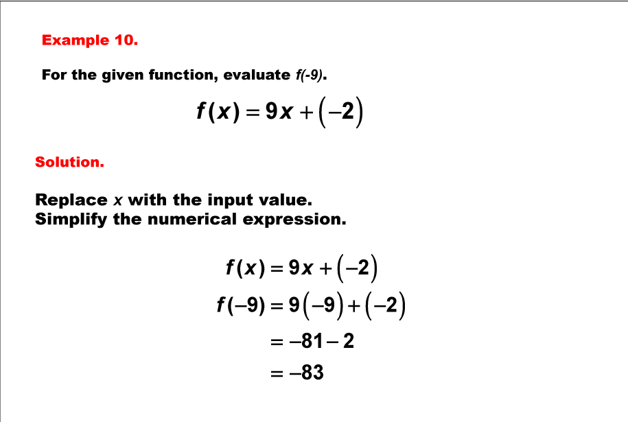 Math Example--Linear Function Concepts--Evaluating Linear Functions: Example 10