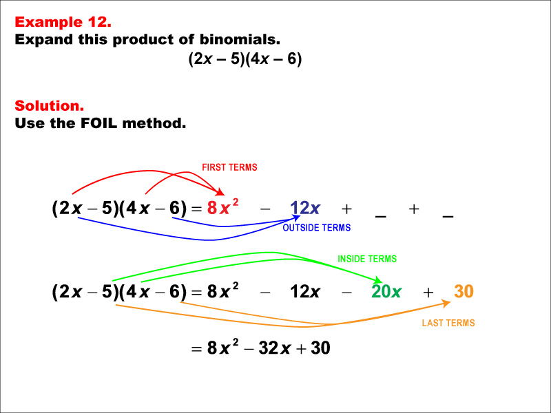FOIL Example 12: Expanding the product of two binomials using FOIL, under these conditions: (ax - b)(cx - d).