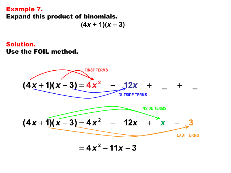FOIL Example 7: Expanding the product of two binomials using FOIL, under these conditions: (ax + b)(x - c).