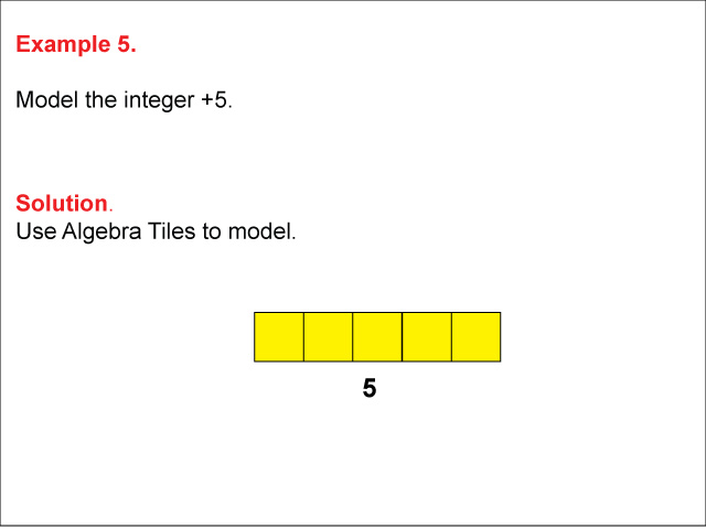 Modeling Integers Using Algebra Tiles: Example 5. In this example, the number +5 is modeled using Algebra Tiles.