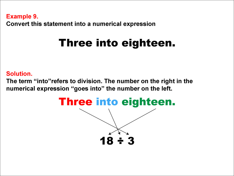 In this example, convert a verbal expression into a numerical expression. Convert expressions that use the word "into."