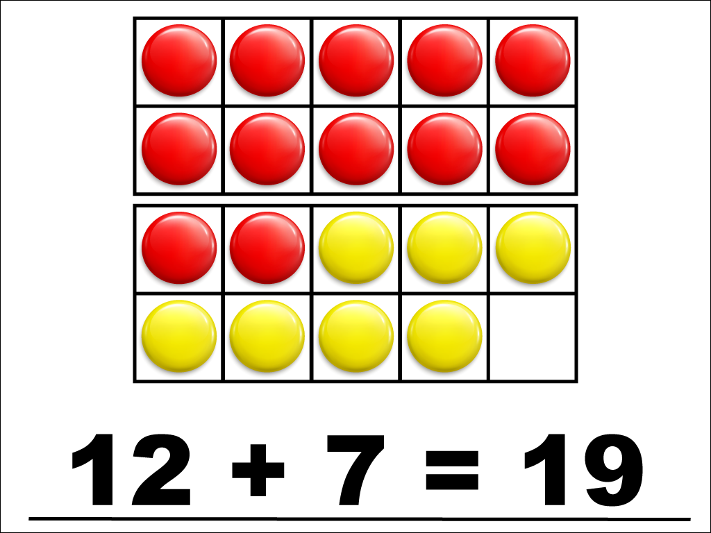 Modeling 12 + 7 with red and yellow counters.