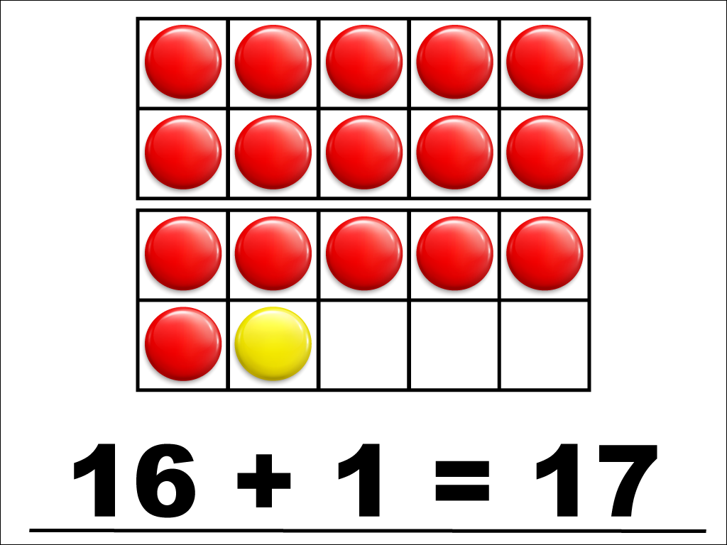 Modeling 16 + 1 with red and yellow counters.
