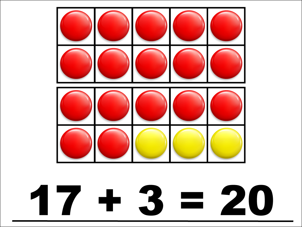Modeling 17 + 3 with red and yellow counters.