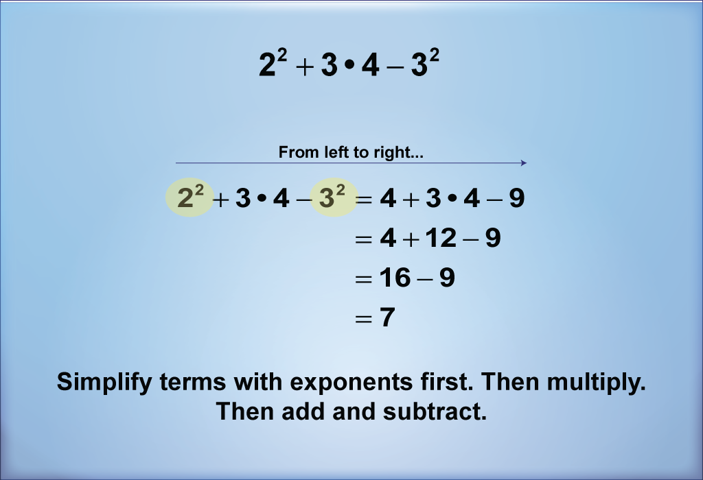 Simplify terms with exponents first. Then multiply. Then add and subtract.