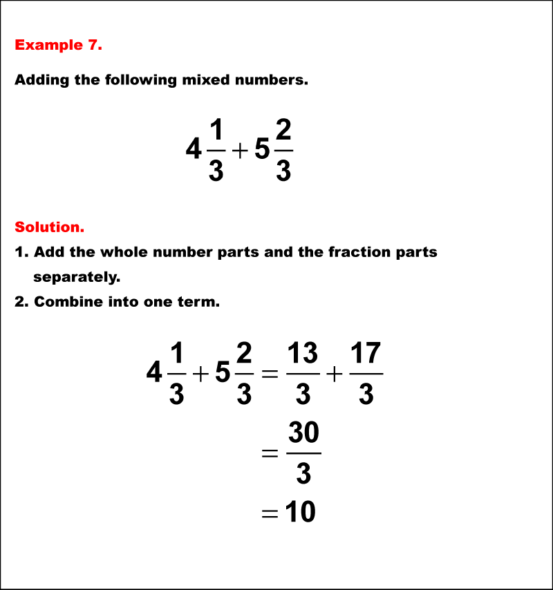 Math Example--Fraction Properties--Adding Mixed Numbers with Like Denominators: Example 7