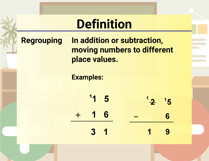 Math Video Definition 36--Addition and Subtraction Concepts--Regrouping (Spanish Audio)