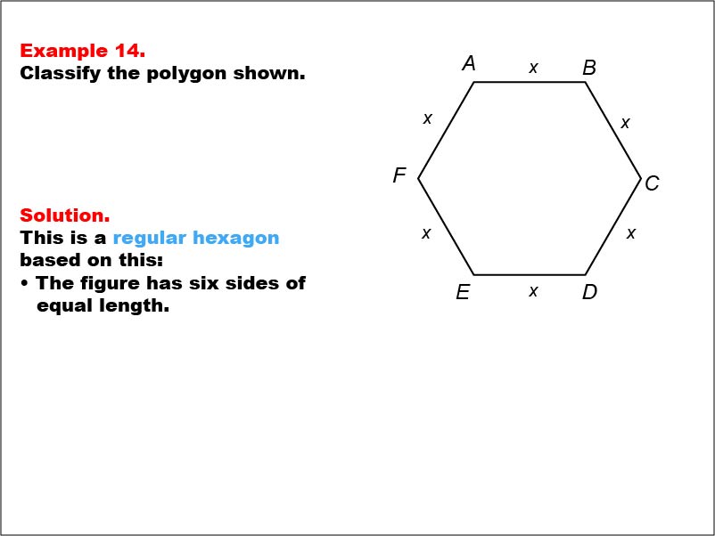 Polygon Classification: Example 14. A regular hexagon with all side measures shown as variables.