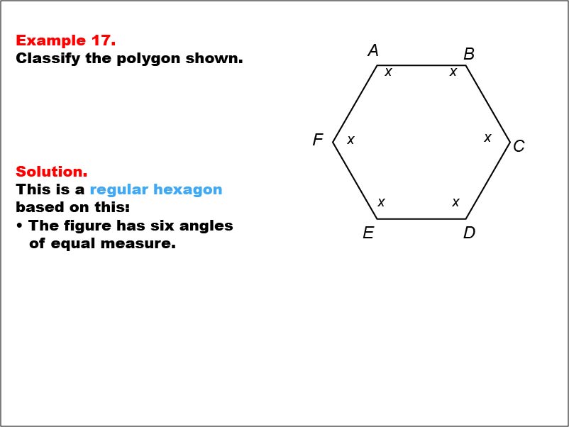Polygon Classification: Example 17. A regular hexagon with all angle measures shown as variables.