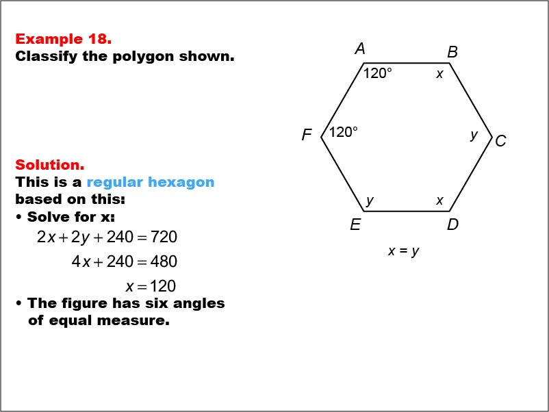 Polygon Classification: Example 18. A regular hexagon with all angle measures shown as numbers and variables.