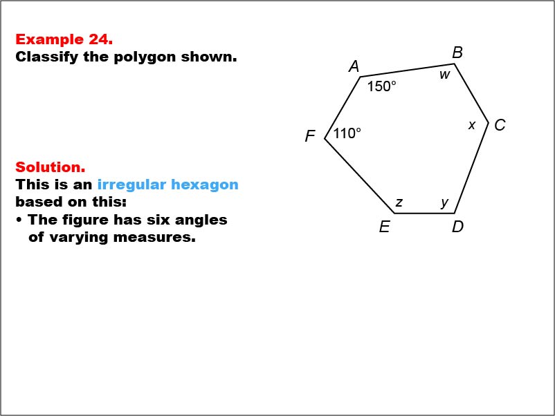 Polygon Classification: Example 24. An irregular hexagon with all angle measures shown as numbers and variables.