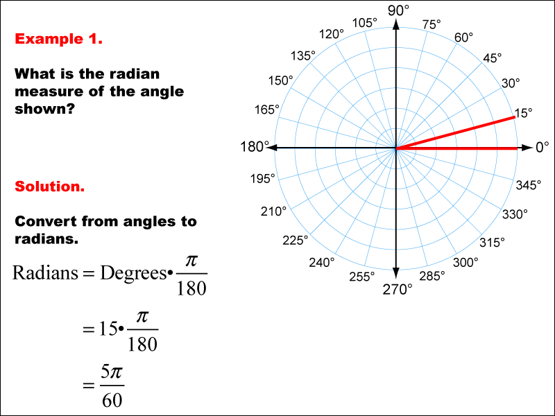 In this math example convert from degree measures to radians.
