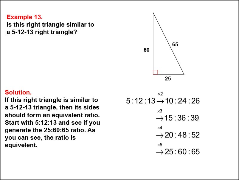 Ratios and Rates: Example 14. Equivalent ratios for 30-60-90 right triangles.