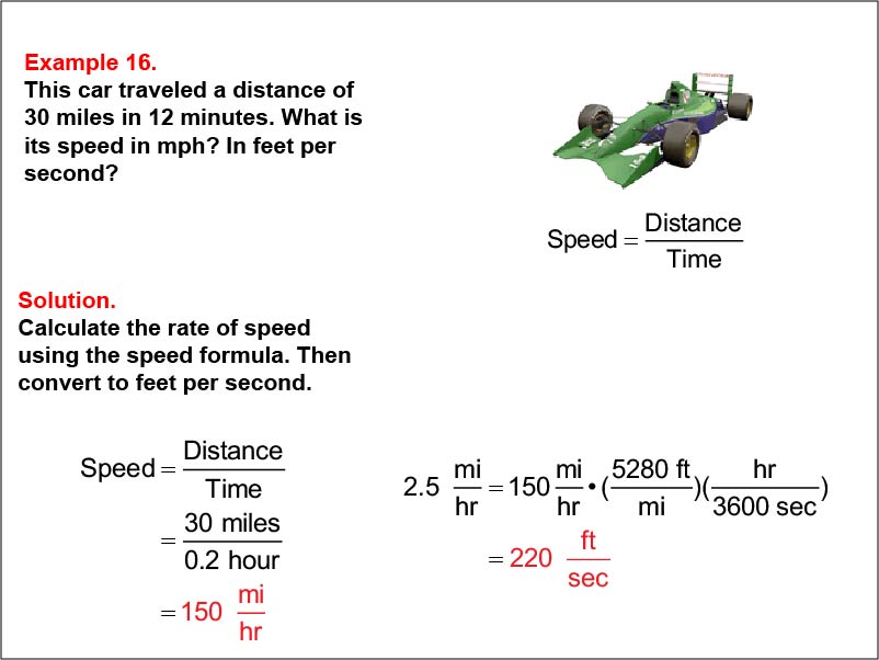 Ratios and Rates: Example 16. Calculating rate for distance vs time.