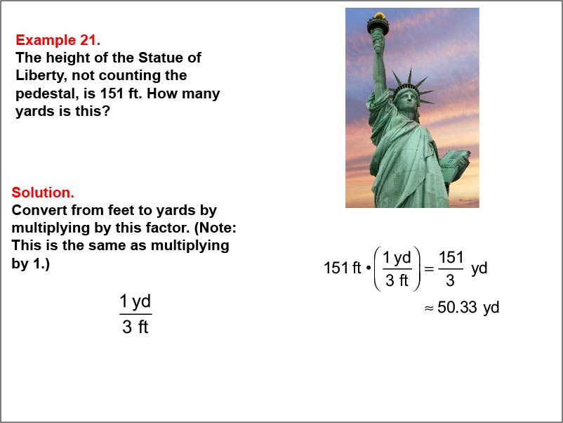 Ratios and Rates: Example 21. Dimensional analysis: Converting feet to yards.
