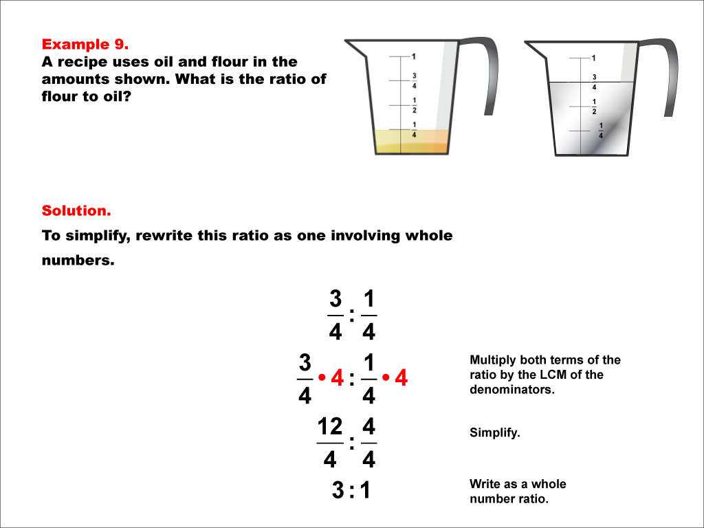 This math example shows how to rewrite ratios with fractions into ratios with whole numbers